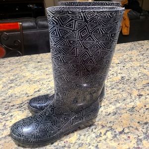 Toms Cabrilla Print Rain Boots Women’s Size 10 Black Grey Rubber Clear Soles